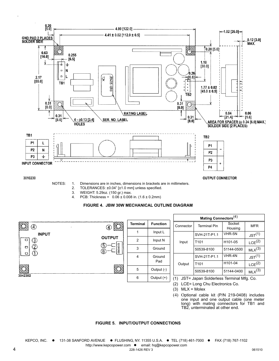 Figure 4. jbw 30w mechanical outline diagram, Figure 5. input/output connections, D 4. the | KEPCO JBW 30W Series User Manual | Page 4 / 4