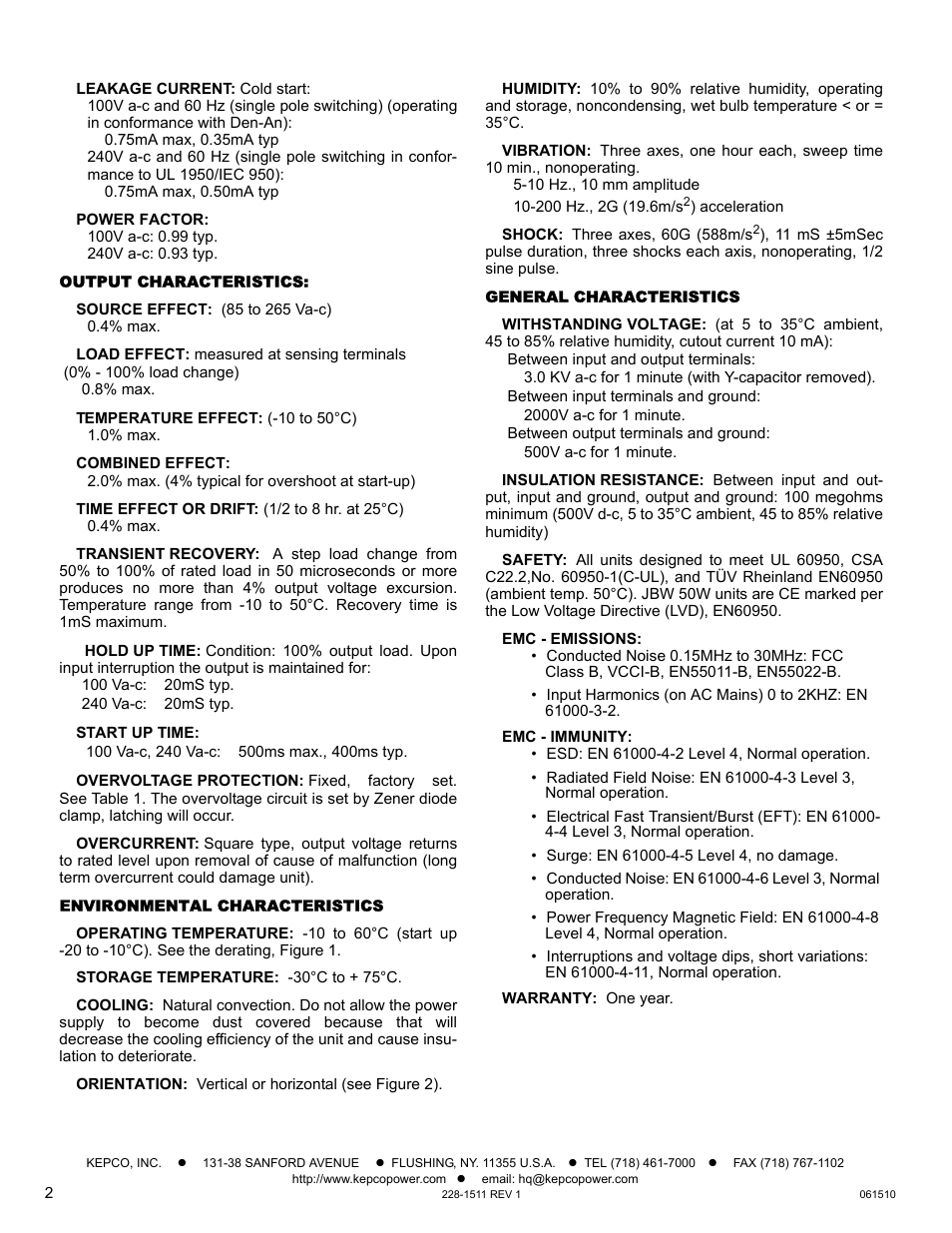Output characteristics, Environmental characteristics, General characteristics | KEPCO JBW 50W Series User Manual | Page 2 / 4