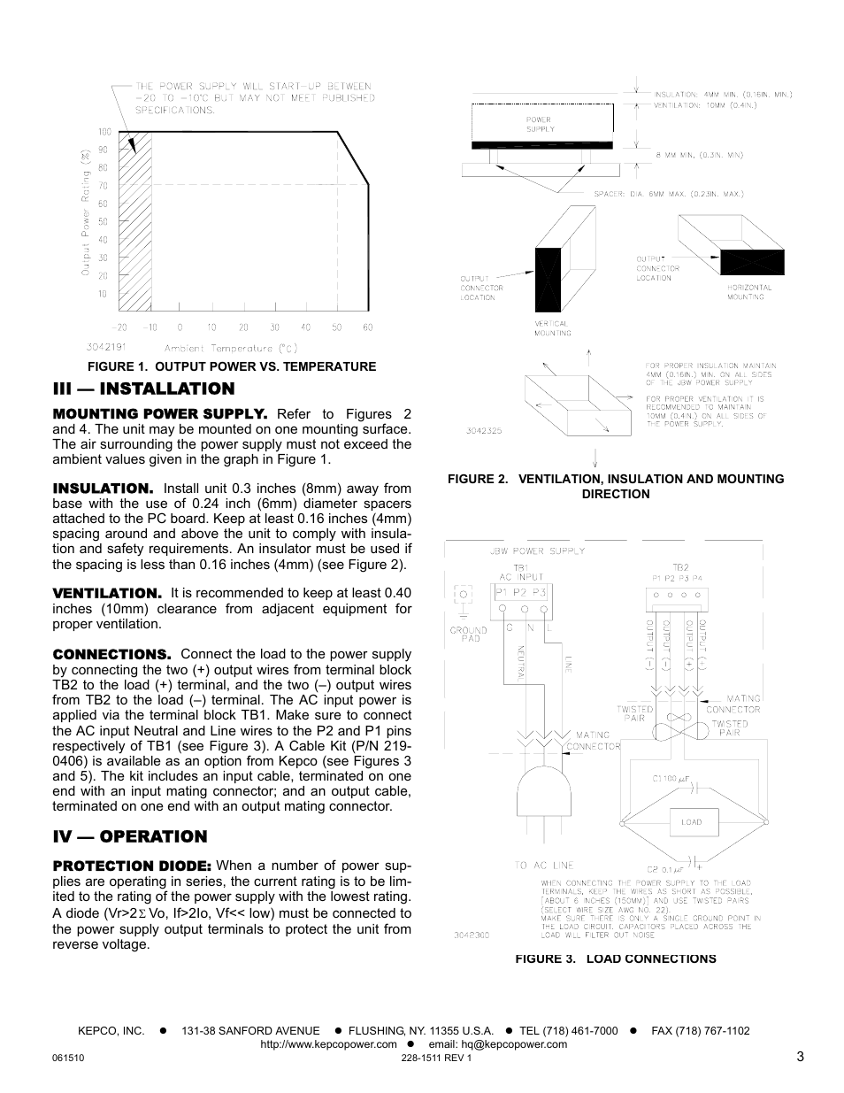 Figure 1. output power vs. temperature, Iii — installation, Mounting power supply | Insulation, Ventilation, Connections, Iv — operation, Protection diode, Figure 3. load connections | KEPCO JBW 50W Series User Manual | Page 3 / 4