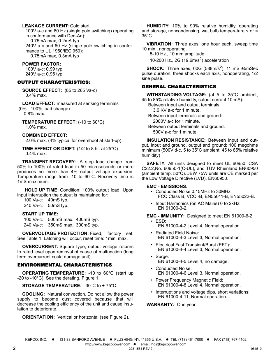Output characteristics, Environmental characteristics, General characteristics | KEPCO JBW 75W Series User Manual | Page 2 / 4