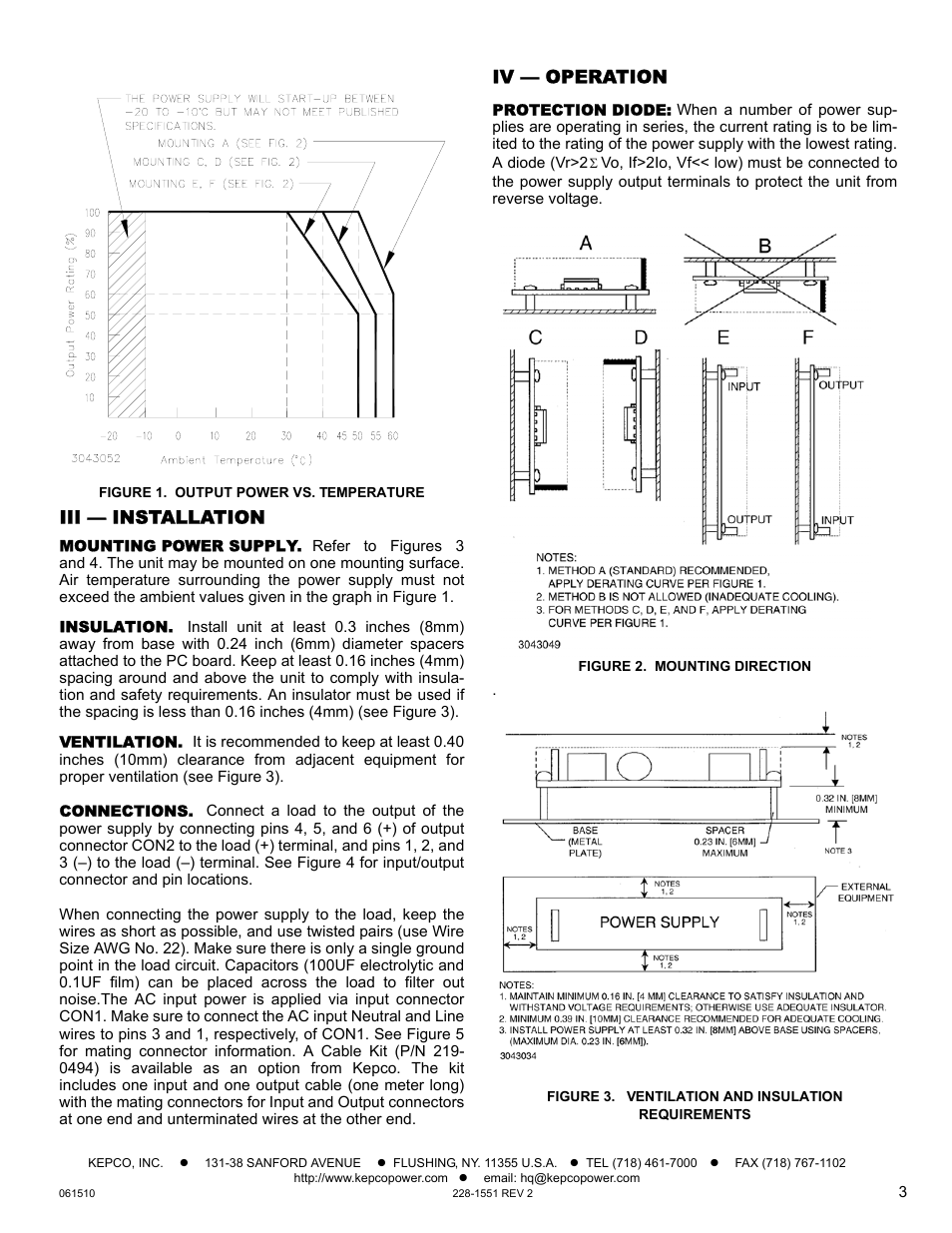 Figure 1. output power vs. temperature, Iii — installation, Mounting power supply | Insulation, Ventilation, Connections, Iv — operation, Protection diode, Figure 2. mounting direction, Figure 3. ventilation and insulation requirements | KEPCO JBW 75W Series User Manual | Page 3 / 4
