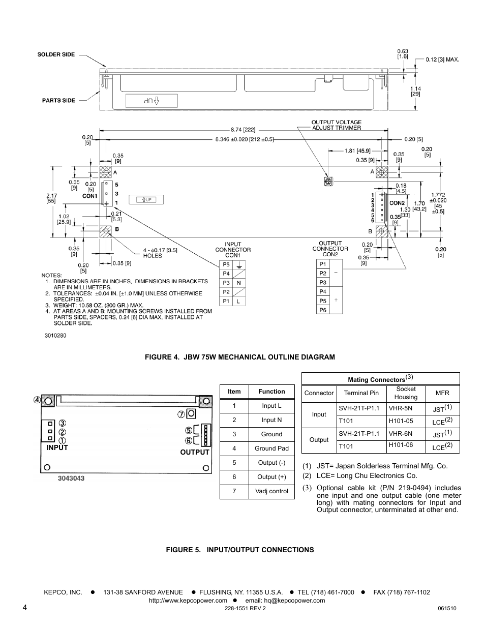 Figure 4. jbw 75w mechanical outline diagram, Figure 5. input/output connections | KEPCO JBW 75W Series User Manual | Page 4 / 4