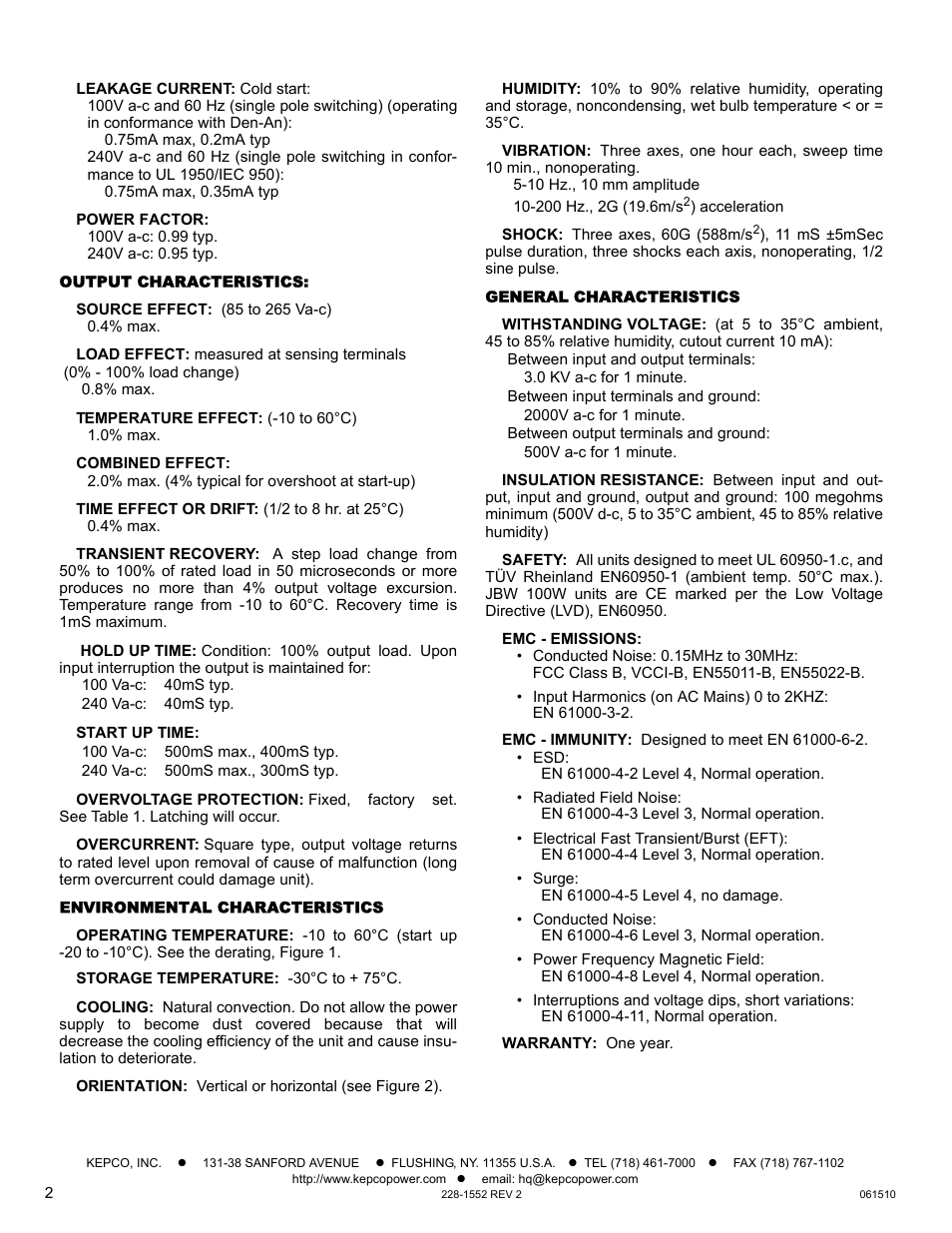 Output characteristics, Environmental characteristics, General characteristics | KEPCO JBW 100W Series User Manual | Page 2 / 4