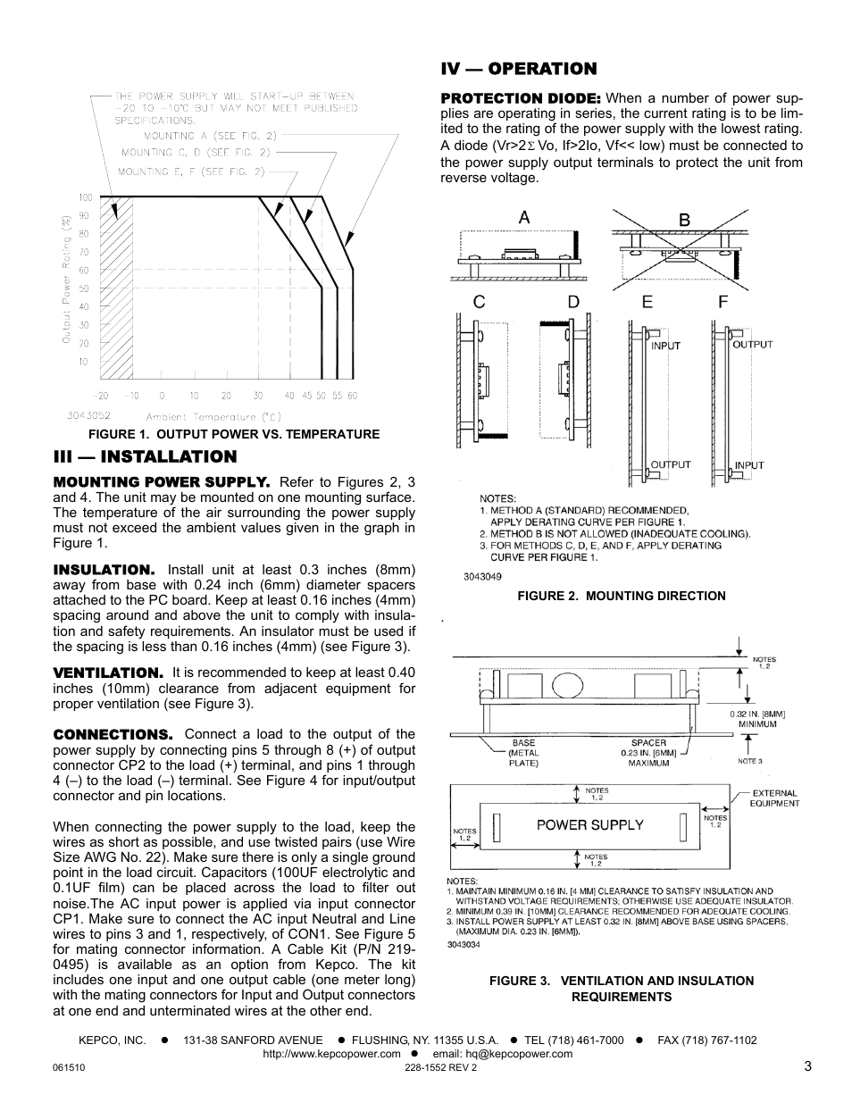 Figure 1. output power vs. temperature, Iii — installation, Mounting power supply | Insulation, Ventilation, Connections, Iv — operation, Protection diode, Figure 2. mounting direction, Figure 3. ventilation and insulation requirements | KEPCO JBW 100W Series User Manual | Page 3 / 4