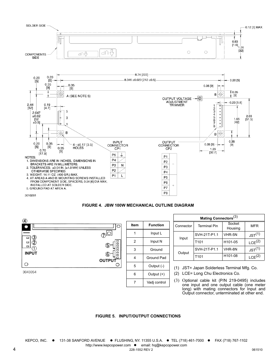 Figure 4. jbw 100w mechanical outline diagram, Figure 5. input/output connections | KEPCO JBW 100W Series User Manual | Page 4 / 4
