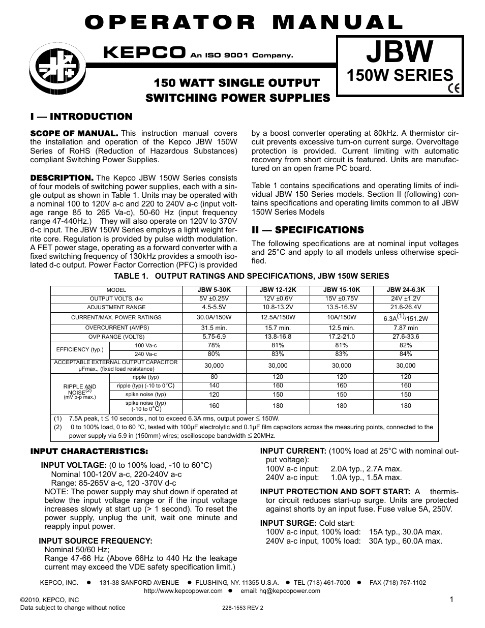 KEPCO JBW 150W Series User Manual | 4 pages