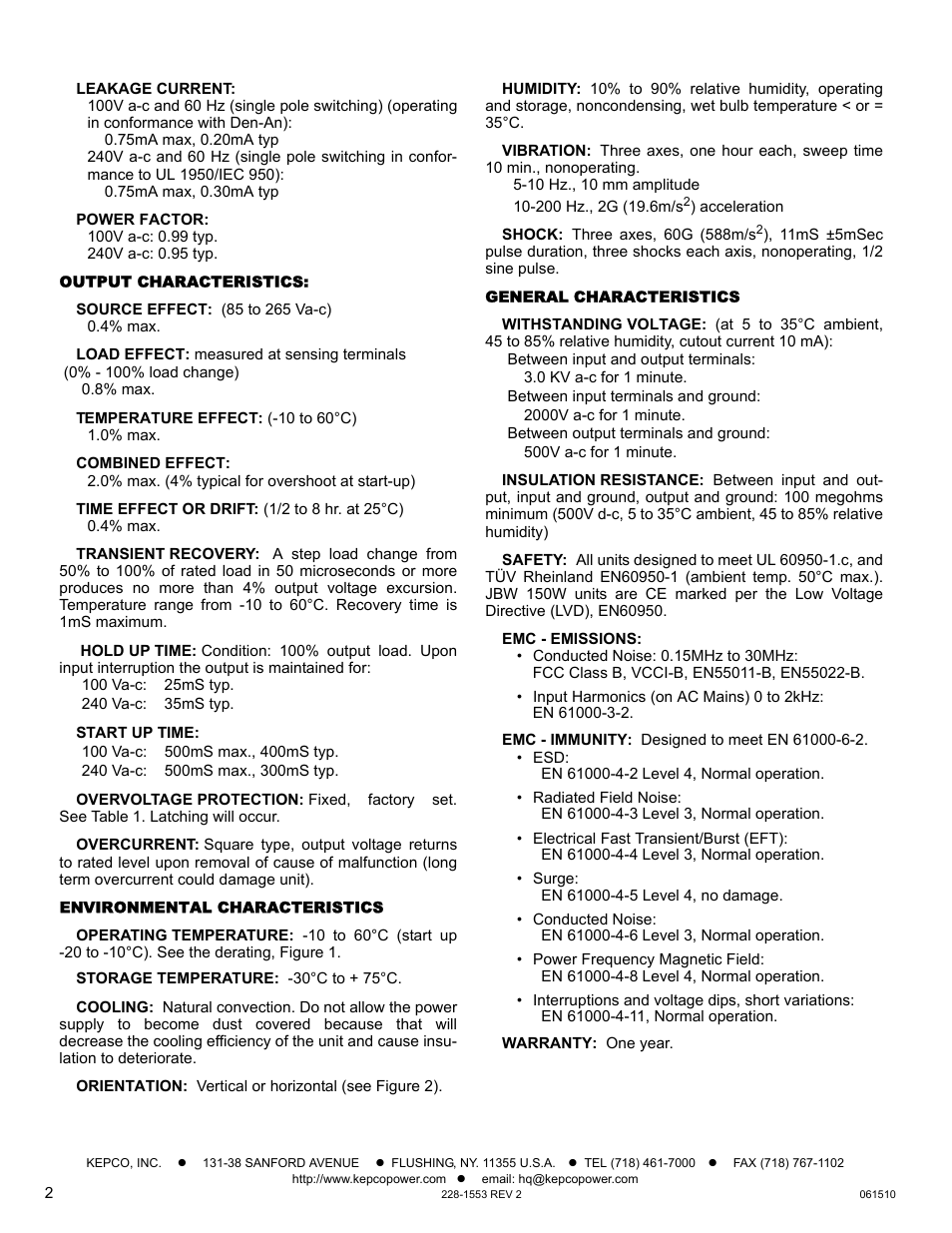 Output characteristics, Environmental characteristics, General characteristics | KEPCO JBW 150W Series User Manual | Page 2 / 4