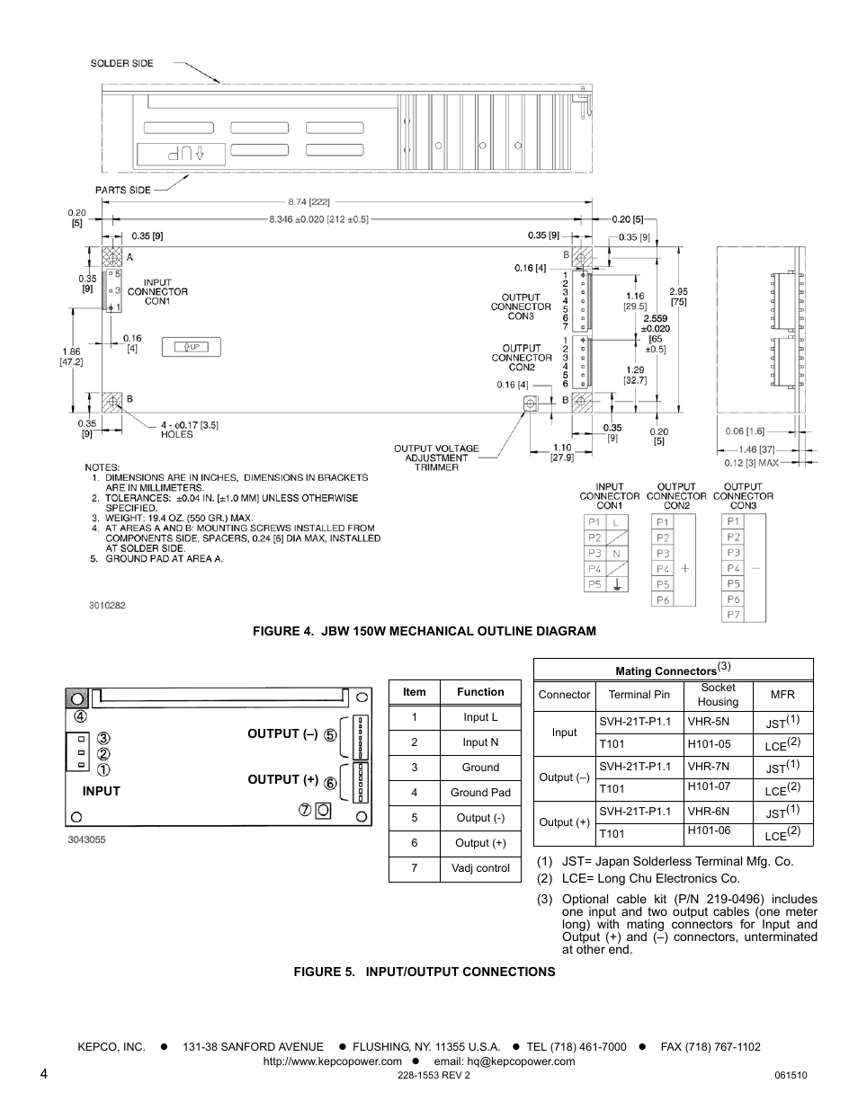 Figure 4. jbw 150w mechanical outline diagram, Figure 5. input/output connections | KEPCO JBW 150W Series User Manual | Page 4 / 4