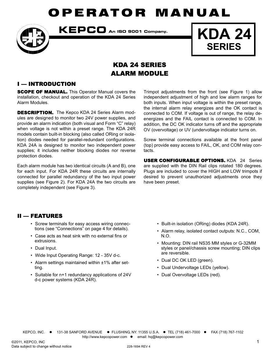 KEPCO KDA 24V Alarm Module User Manual | 8 pages