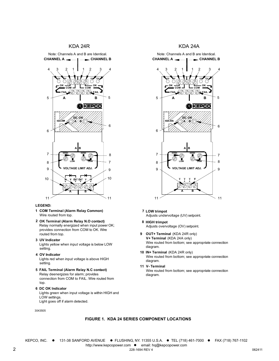 Figure 1. kda 24 series component locations, Kda 24r kda 24a | KEPCO KDA 24V Alarm Module User Manual | Page 2 / 8