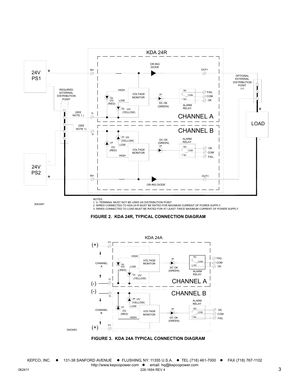 Figure 2. kda 24r, typical connection diagram, Figure 3. kda 24a typical connection diagram, 2). f | E 3), Channel a, Channel b, 24v ps2, 24v ps1, Kda 24r, Load | KEPCO KDA 24V Alarm Module User Manual | Page 3 / 8