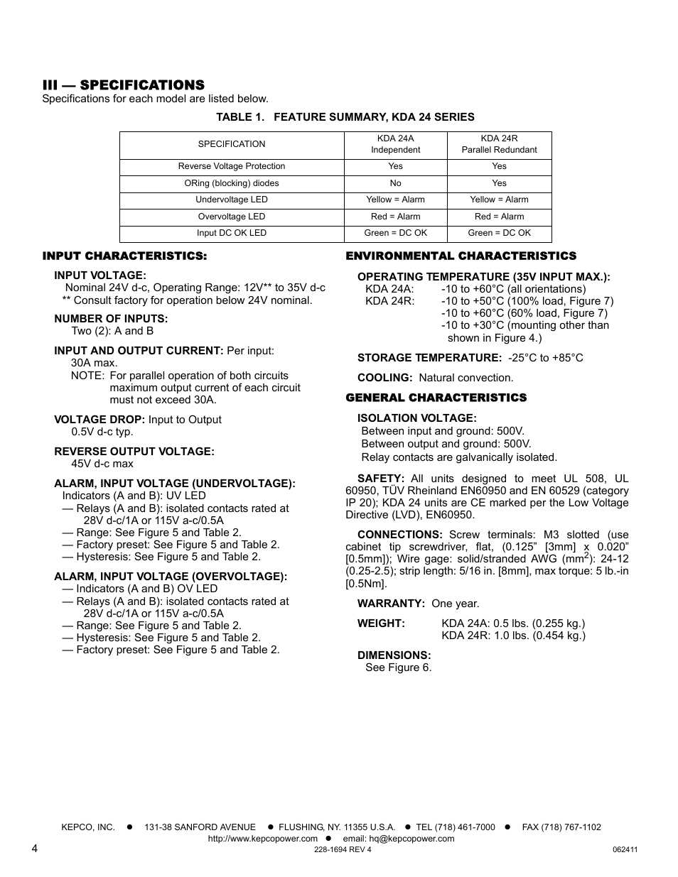Iii — specifications, Table 1. feature summary, kda 24 series, Input characteristics | Input and output current, Voltage drop, Reverse output voltage, Alarm, input voltage (undervoltage), Alarm, input voltage (overvoltage), Environmental characteristics, Operating temperature (35v input max.) | KEPCO KDA 24V Alarm Module User Manual | Page 4 / 8