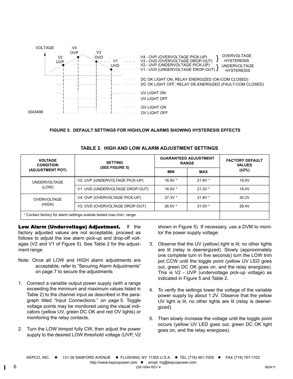 Table 2. high and low alarm adjustment settings, Low alarm (undervoltage) adjustment | KEPCO KDA 24V Alarm Module User Manual | Page 6 / 8