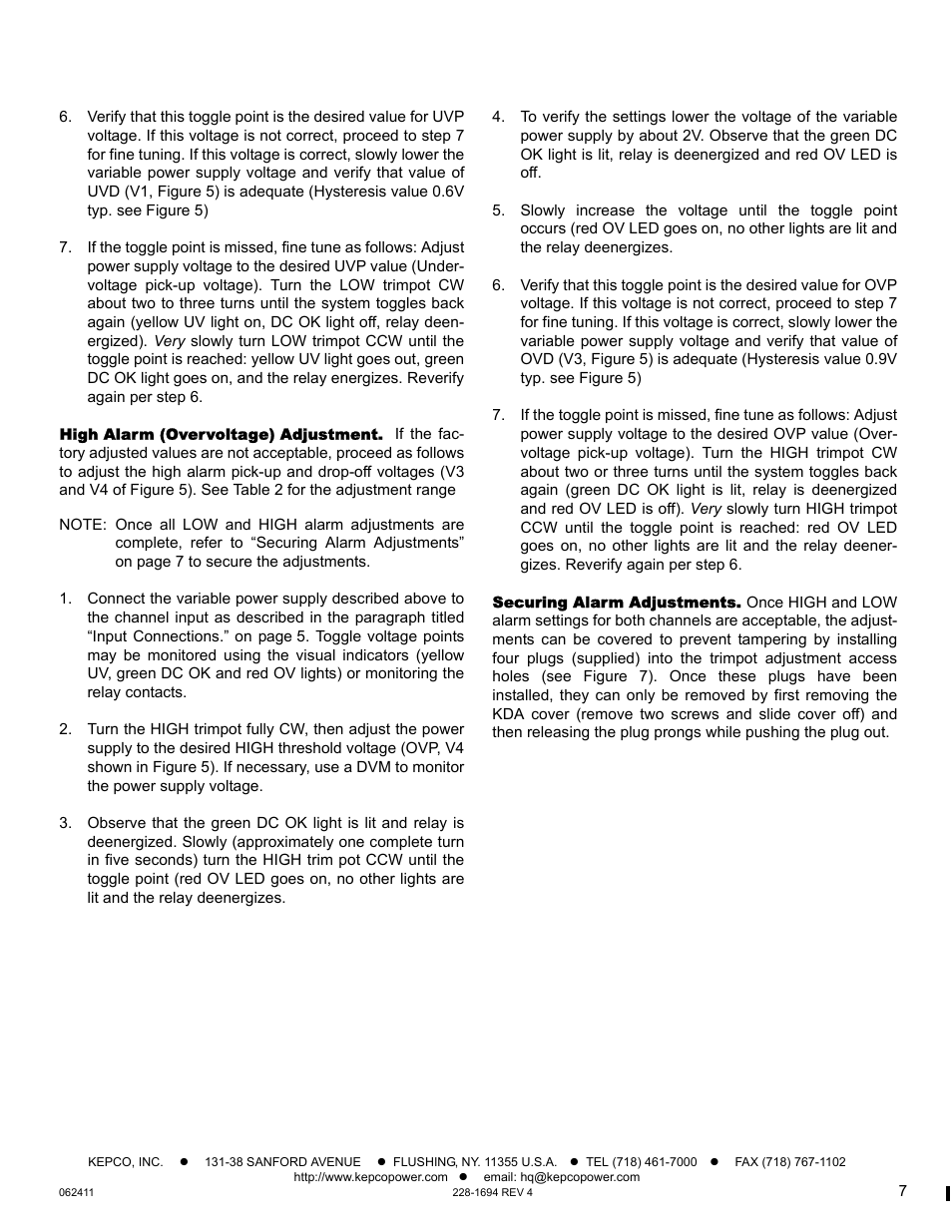 High alarm (overvoltage) adjustment, Securing alarm adjustments | KEPCO KDA 24V Alarm Module User Manual | Page 7 / 8