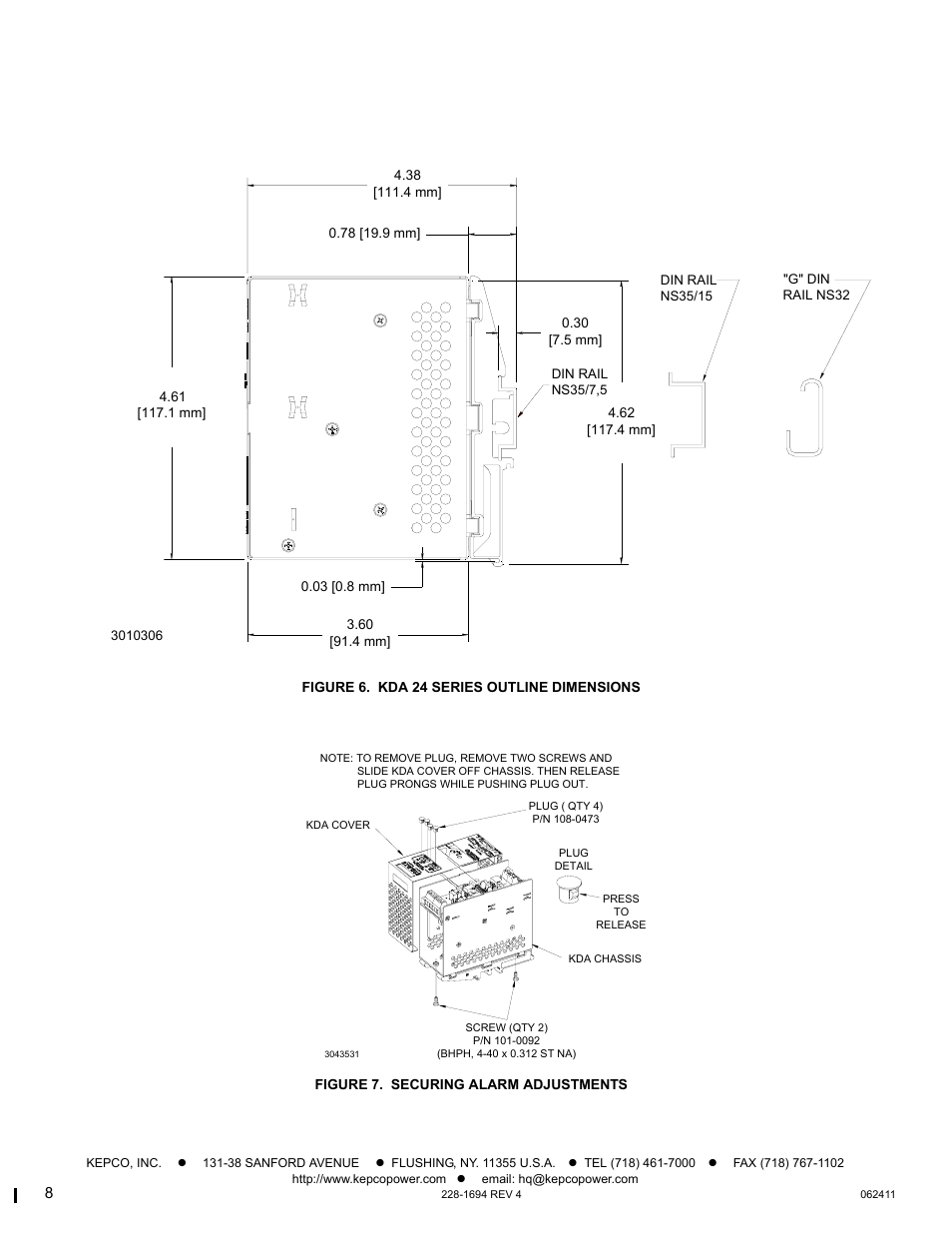 Figure 6. kda 24 series outline dimensions, Figure 7. securing alarm adjustments, E 7) | KEPCO KDA 24V Alarm Module User Manual | Page 8 / 8