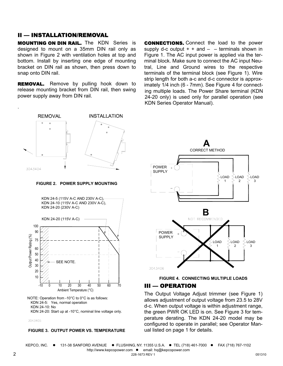 Ii — installation/removal, Mounting on din rail, Removal | Connections, Iii — operation | KEPCO KDN 24V Series Quick Start Guide User Manual | Page 2 / 2