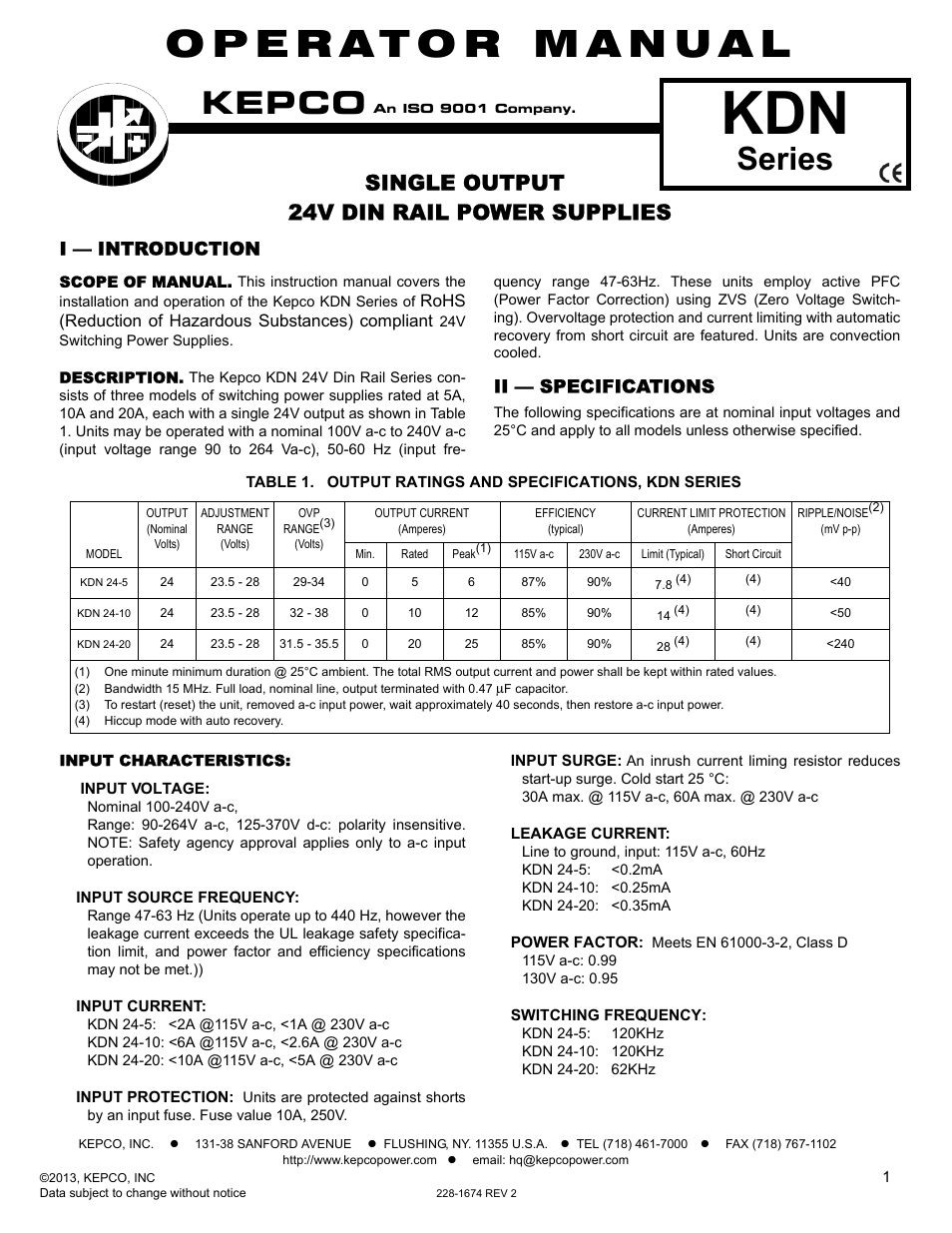 KEPCO KDN 24V Series Operator Manual User Manual | 7 pages