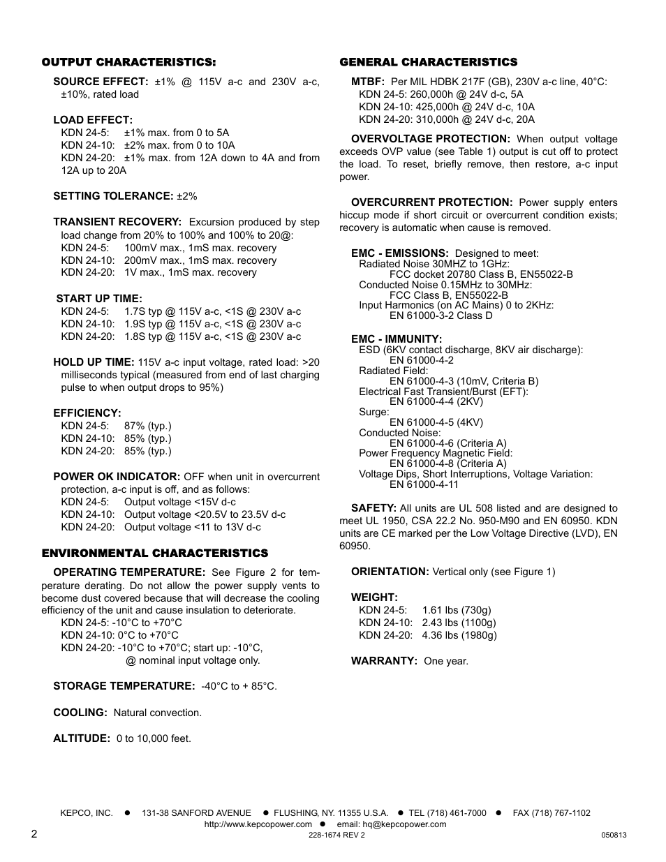 Output characteristics, Environmental characteristics, General characteristics | KEPCO KDN 24V Series Operator Manual User Manual | Page 2 / 7