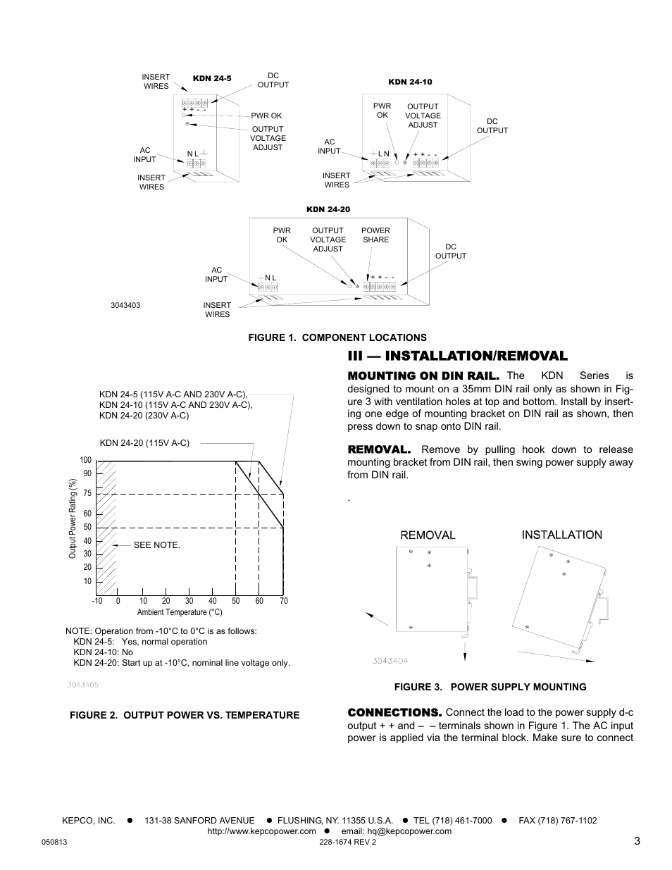 Figure 1. component locations, Figure 2. output power vs. temperature, Iii — installation/removal | Mounting on din rail, Removal, Figure 3. power supply mounting, Connections | KEPCO KDN 24V Series Operator Manual User Manual | Page 3 / 7