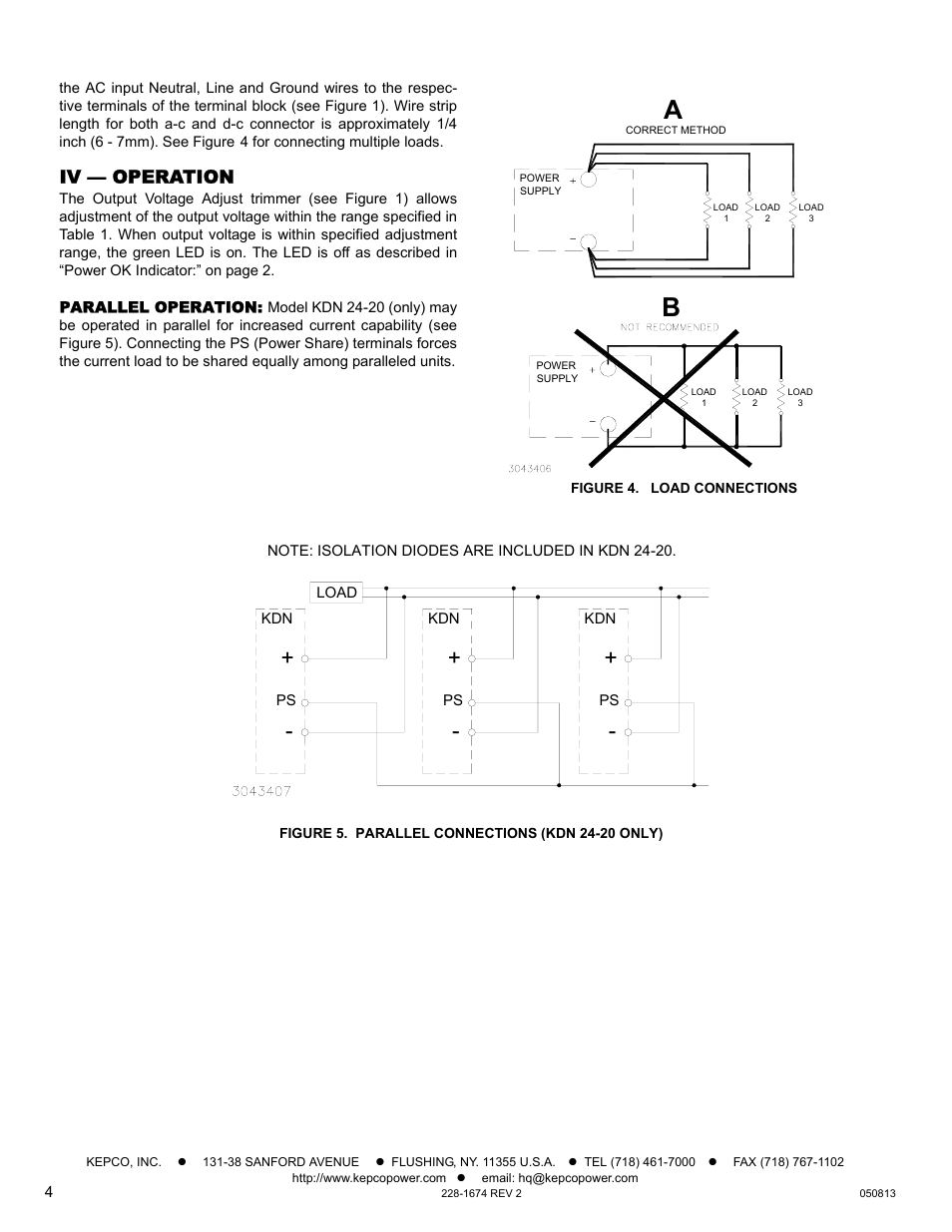 Iv — operation, Parallel operation, Figure 4. load connections | Figure 5. parallel connections (kdn 24-20 only) | KEPCO KDN 24V Series Operator Manual User Manual | Page 4 / 7