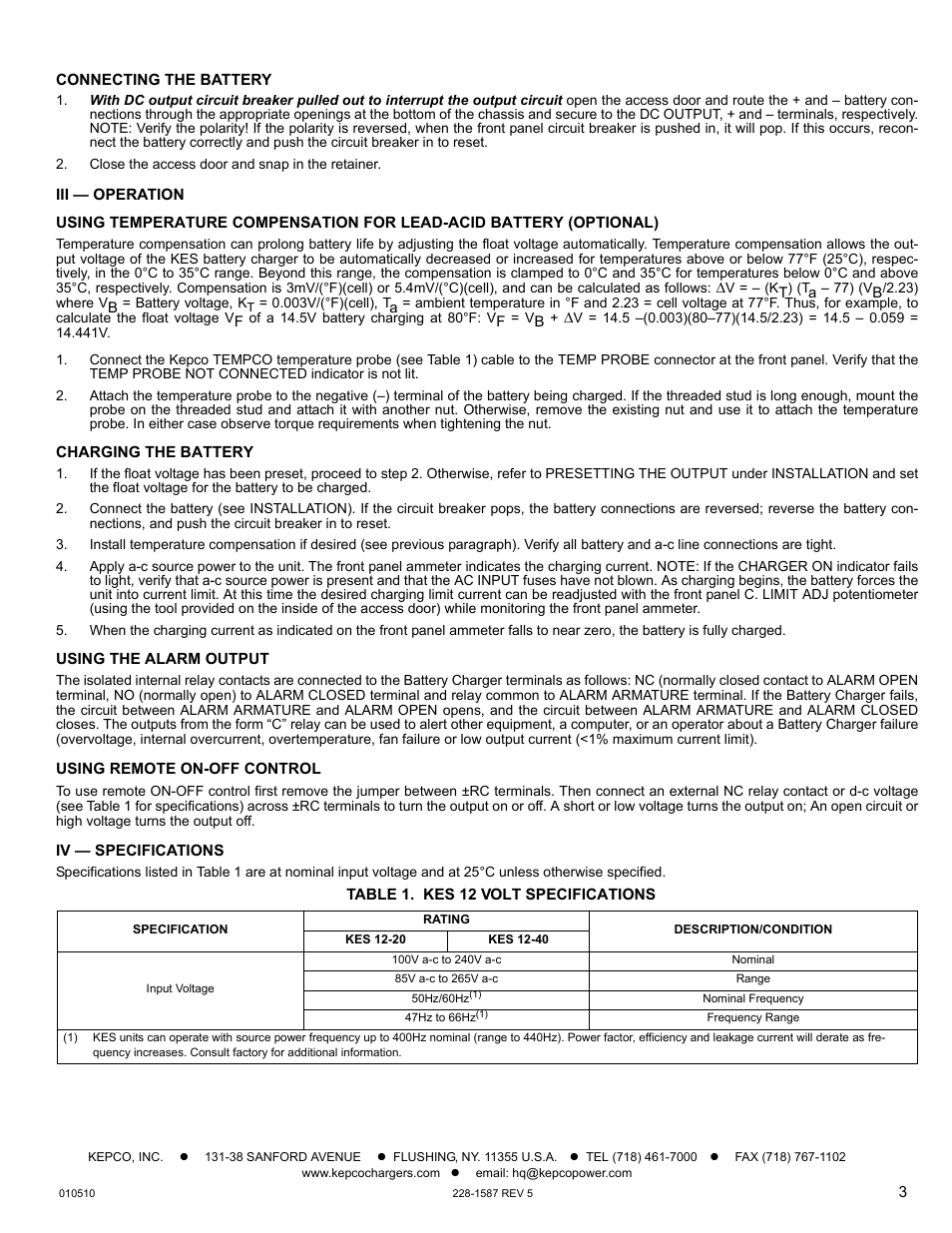 Table 1. kes 12 volt specifications | KEPCO KES 12V User Manual | Page 3 / 4