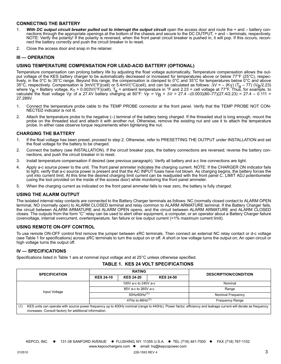 Table 1. kes 24 volt specifications | KEPCO KES 24V User Manual | Page 3 / 4