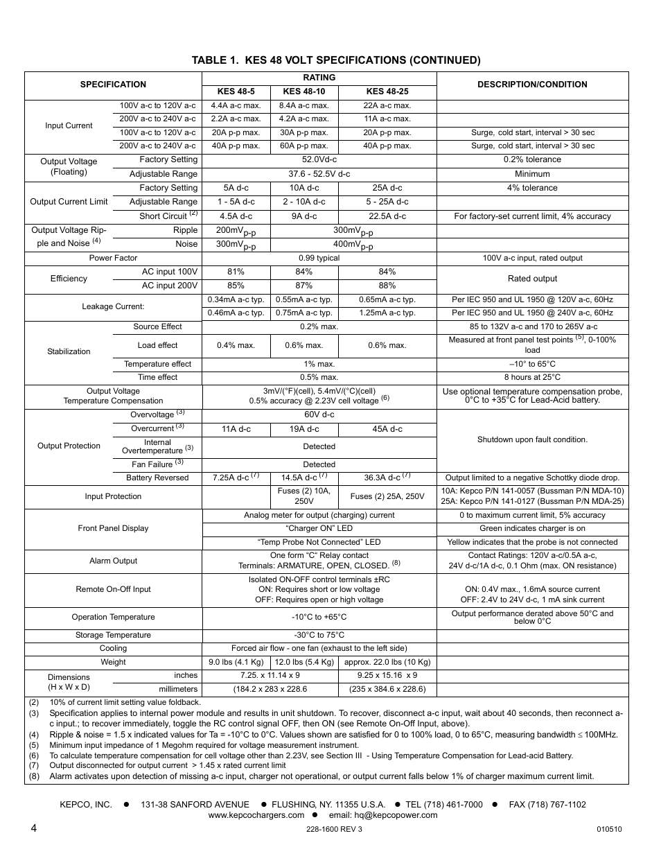 Table 1. kes 48 volt specifications (continued) | KEPCO KES 48V User Manual | Page 4 / 4