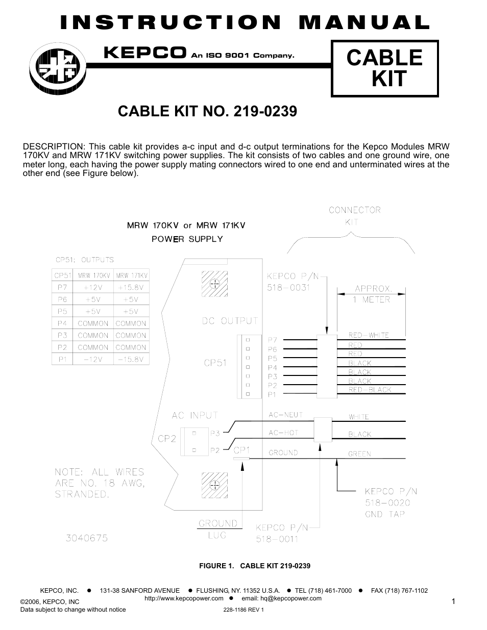 KEPCO Kit 219-0239 Cable Kit, MRW 170 or MRW 171 User Manual | 1 page
