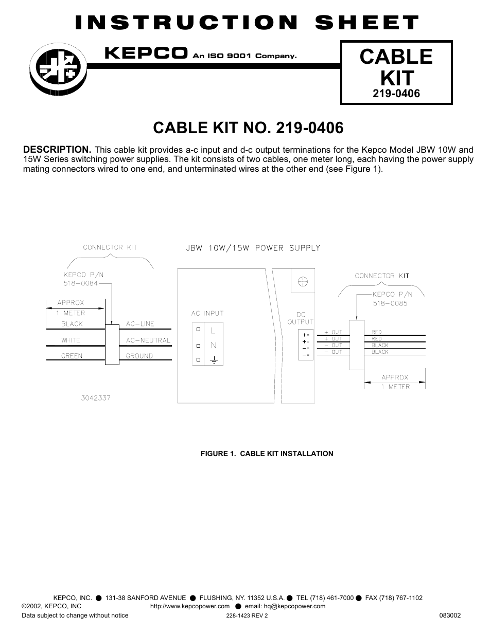 KEPCO Kit 219-0406, JBW 10W/15W Cable User Manual | 1 page