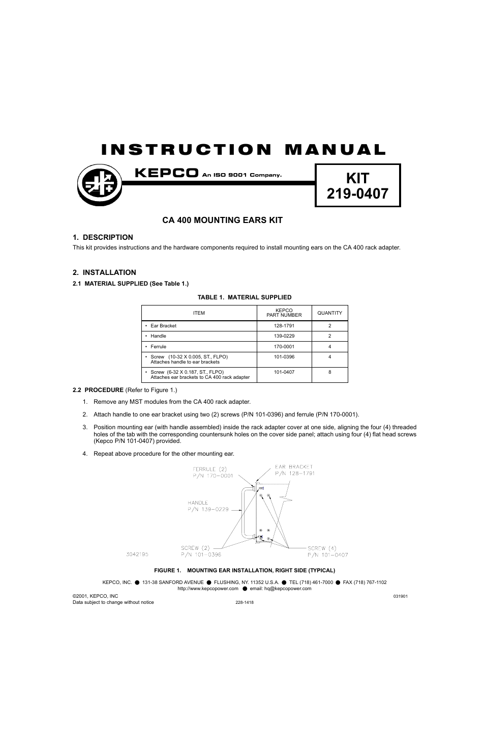 KEPCO Kit 219-0407, CA 400 Mounting Ears User Manual | 1 page