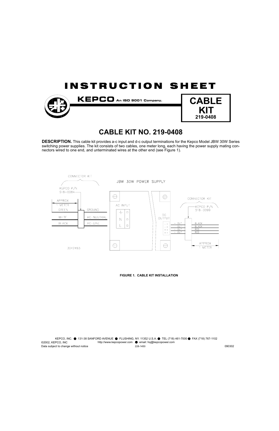 KEPCO Kit 219-0408, JBW 30W Cable User Manual | 1 page