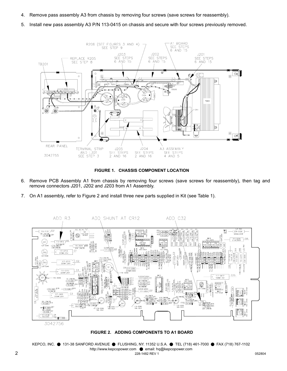 Figure 1. chassis component location, Figure 2. adding components to a1 board | KEPCO Kit 219-0425, Pass Assembly A3 Replacement for ATE 325-0.8 User Manual | Page 2 / 4