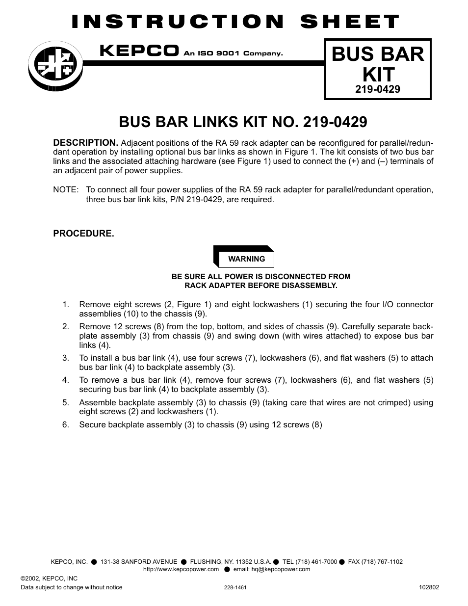 KEPCO Kit 219-0429, Bus Bar Links Kit (for RA 59) User Manual | 2 pages