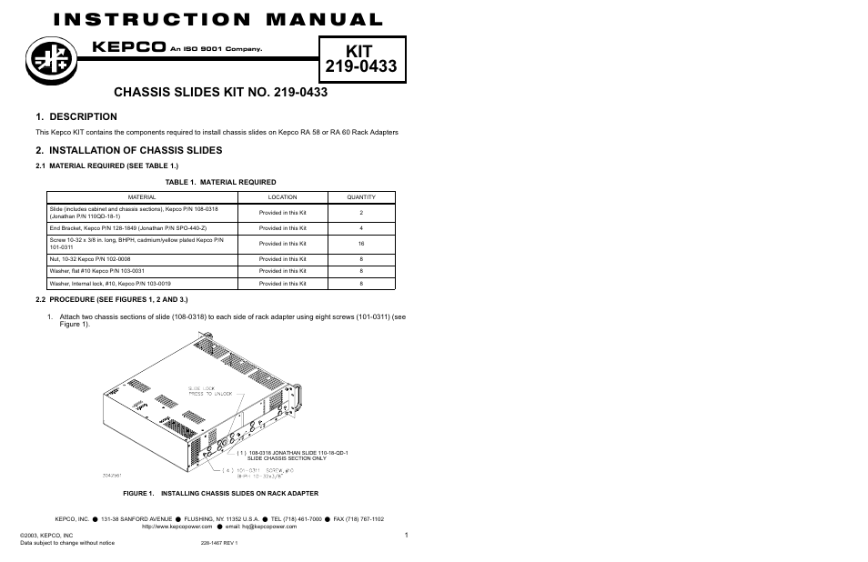 KEPCO Kit 219-0433, Chassis Slides Kit (for RA 60) User Manual | 2 pages