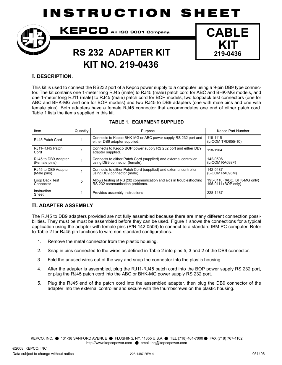 KEPCO Kit 219-0436, RS232 Cable Adapter Kit (RJ45 to DB9) User Manual | 2 pages
