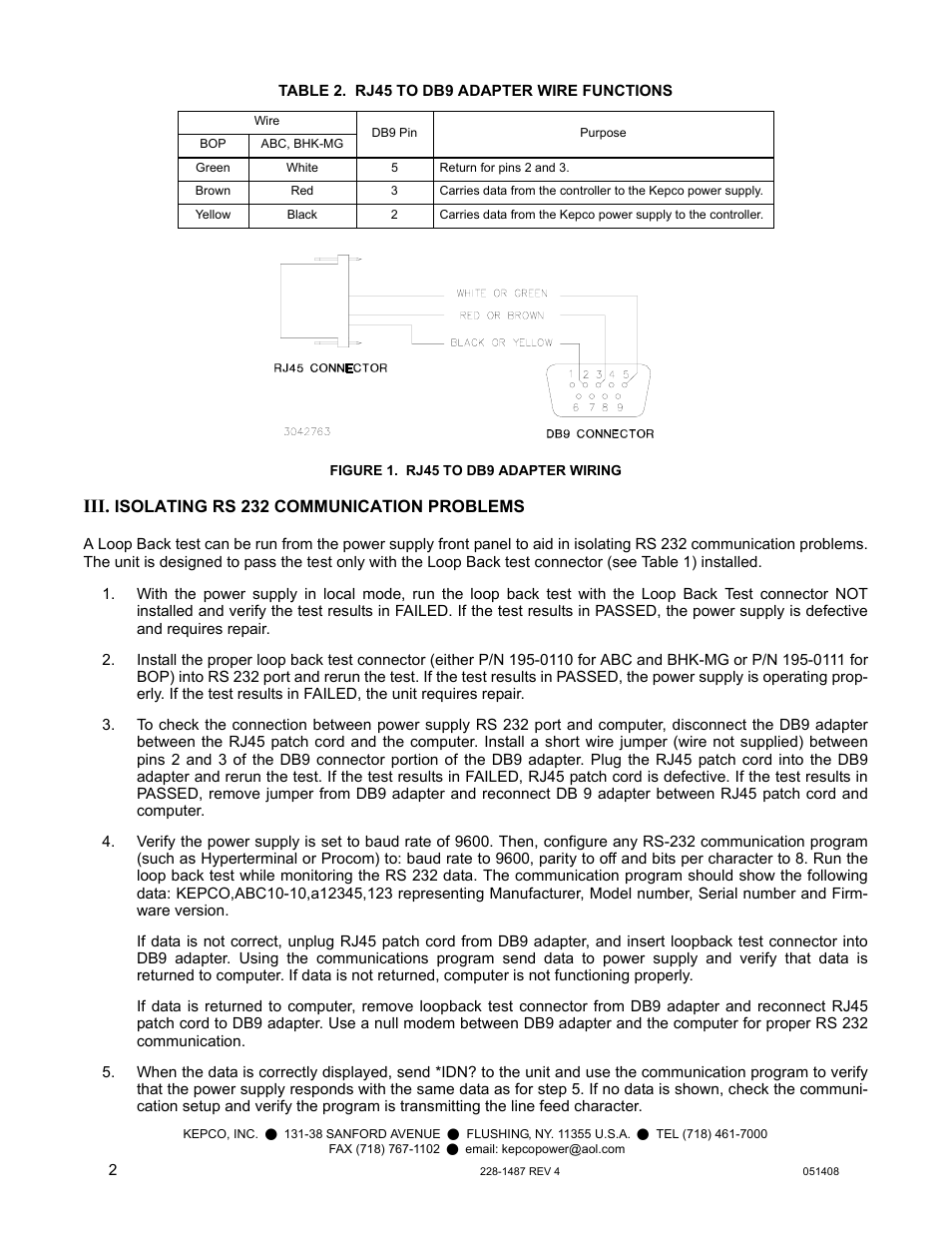 Table 2. rj45 to db9 adapter wire functions, Figure 1. rj45 to db9 adapter wiring | KEPCO Kit 219-0436, RS232 Cable Adapter Kit (RJ45 to DB9) User Manual | Page 2 / 2