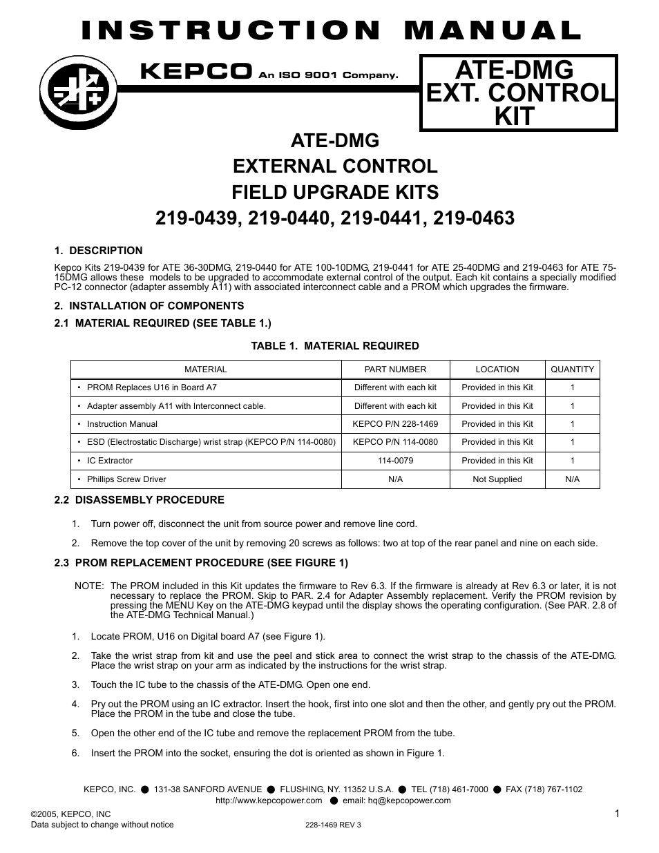 KEPCO Kit 219-0439, 219-0440, 219-0441, ATE-DMG External Control Kit User Manual | 4 pages