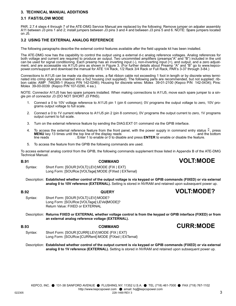 B.91 [source:]voltage:[:level]mode command, B.92 [source:]voltage:[:level]mode? query, B.93 [source:]current:[:level]mode command | Volt:mode, Curr:mode | KEPCO Kit 219-0439, 219-0440, 219-0441, ATE-DMG External Control Kit User Manual | Page 3 / 4