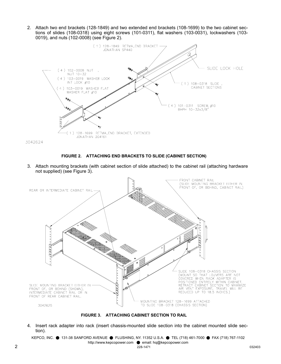 Figure 3. attaching cabinet section to rail | KEPCO Kit 219-0442, Chassis Slides Kit - 24 in. deep cabinet (for RA 60) User Manual | Page 2 / 2