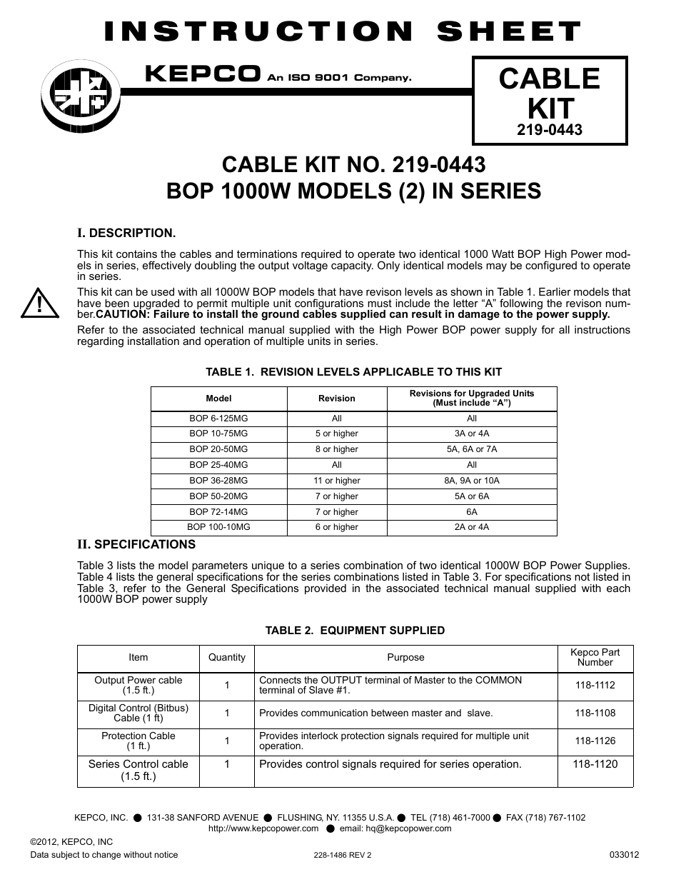 KEPCO KIT 219-0443, Kit for connecting two 1000W BOPs in Series User Manual | 2 pages