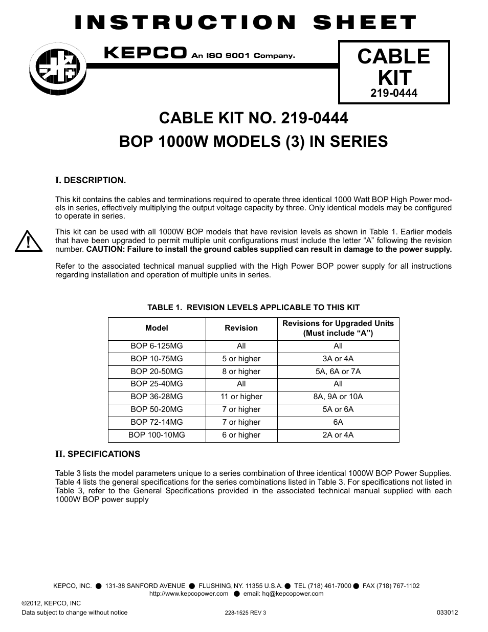 KEPCO KIT 219-0444, Kit for connecting three 1000W BOPs in Series User Manual | 2 pages