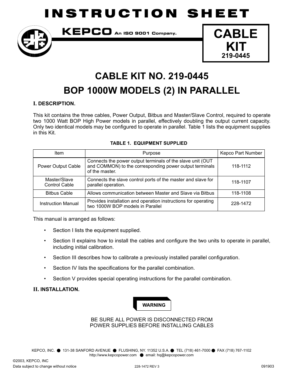 KEPCO KIT 219-0445, Cables for two High Power BOPs User Manual | 12 pages