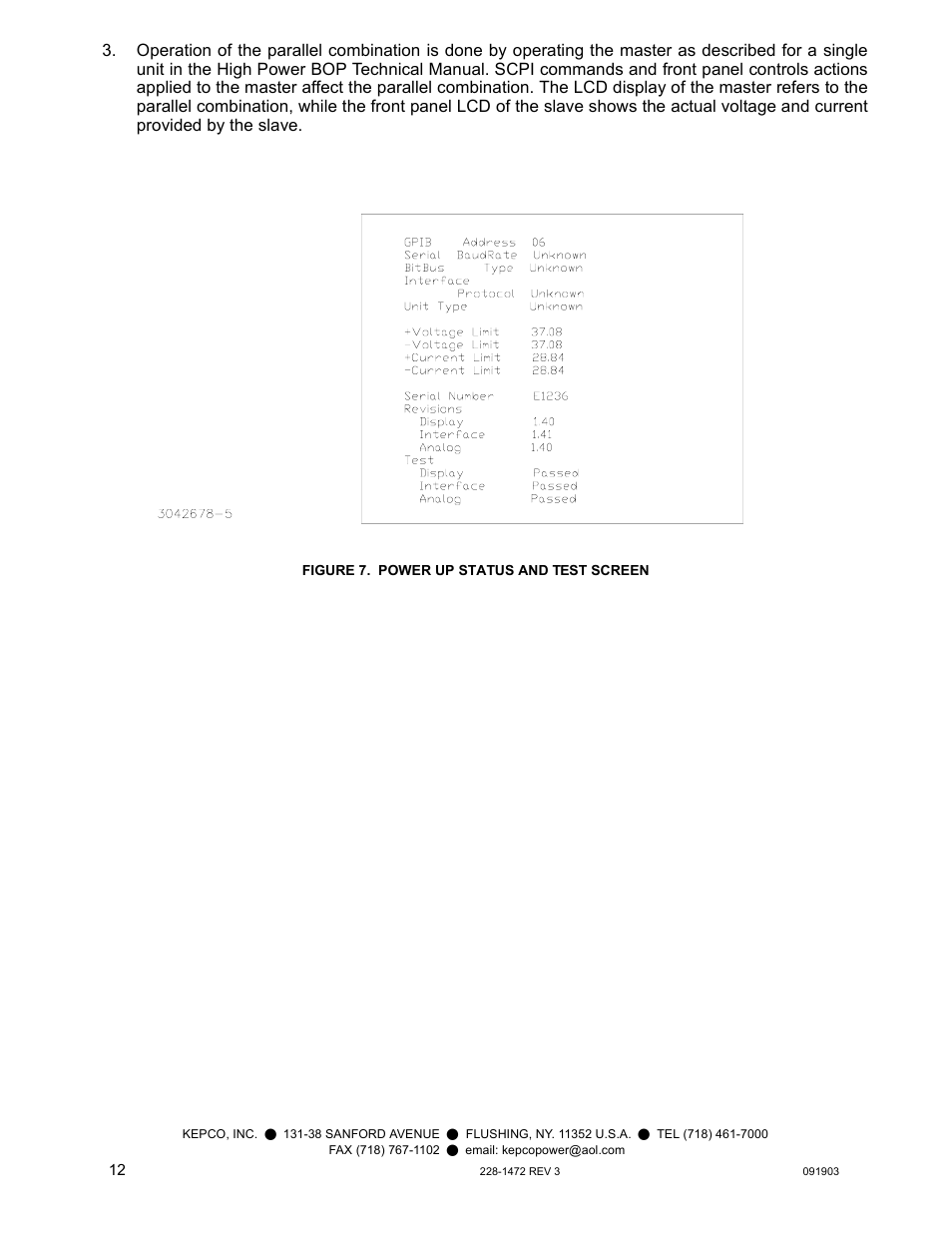 Figure 7. power up status and test screen | KEPCO KIT 219-0445, Cables for two High Power BOPs User Manual | Page 12 / 12