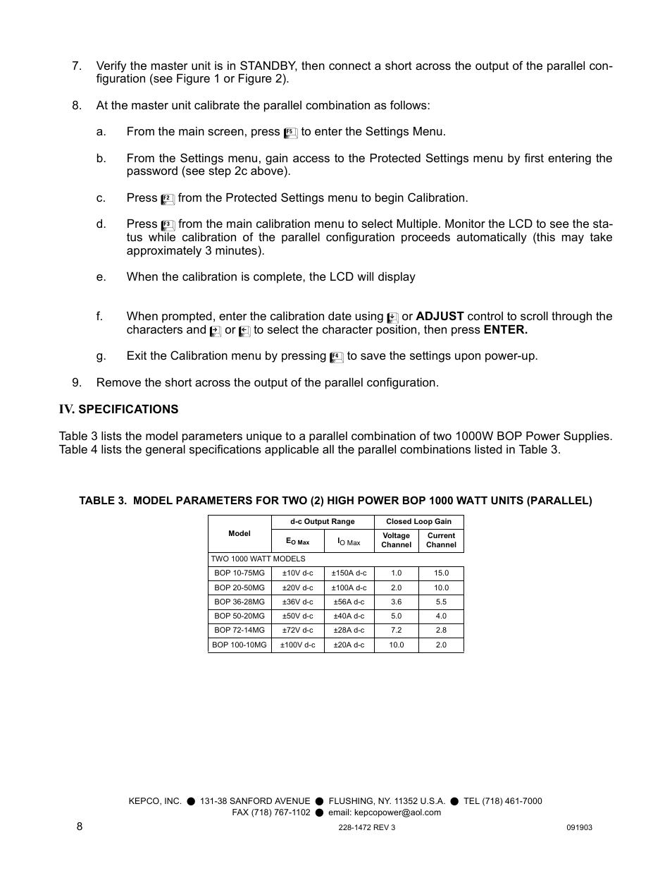 Iv. specifications, F. when prompted, enter the calibration date using | KEPCO KIT 219-0445, Cables for two High Power BOPs User Manual | Page 8 / 12