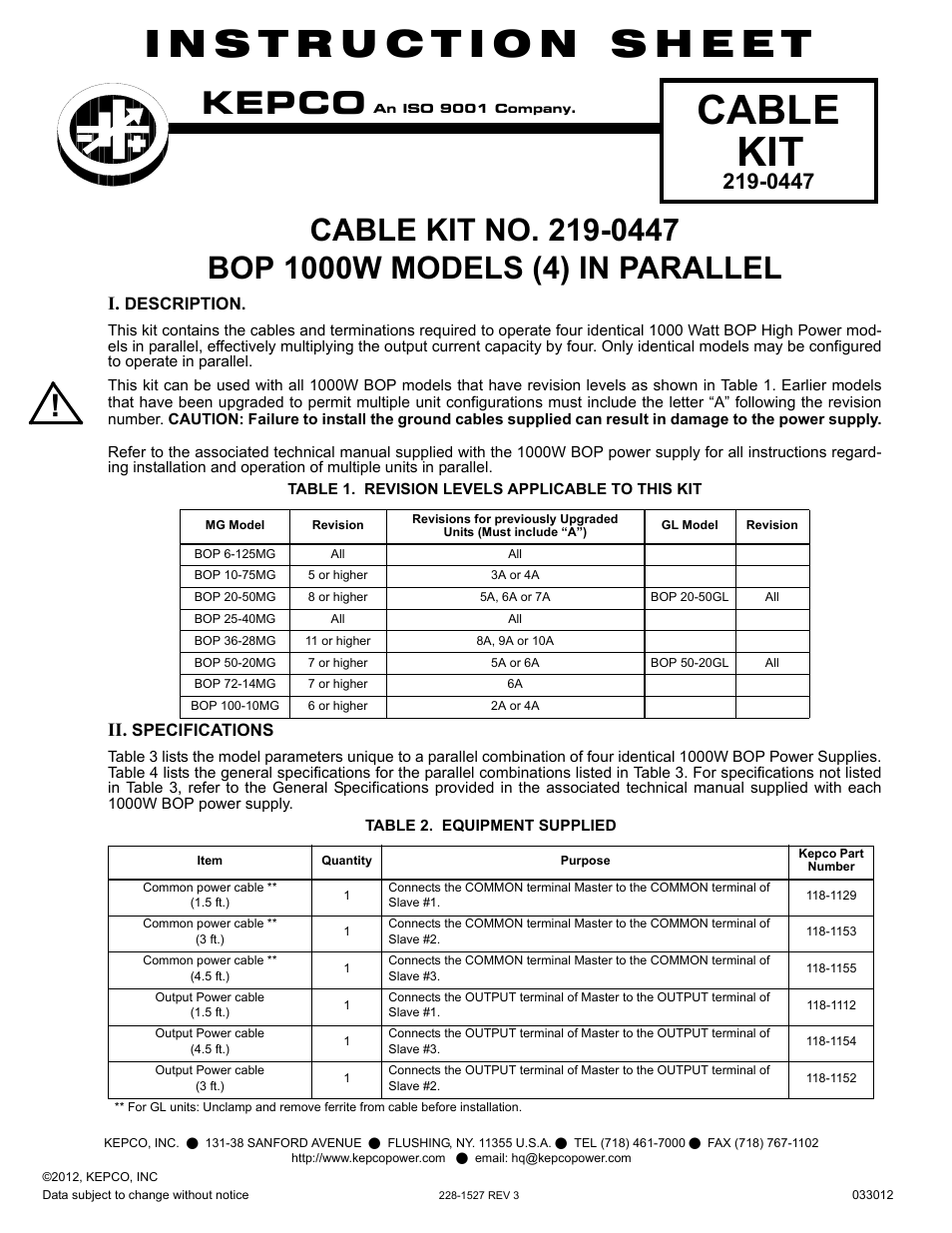 KEPCO KIT 219-0447, Kit for connecting four 1000W BOPs User Manual | 2 pages