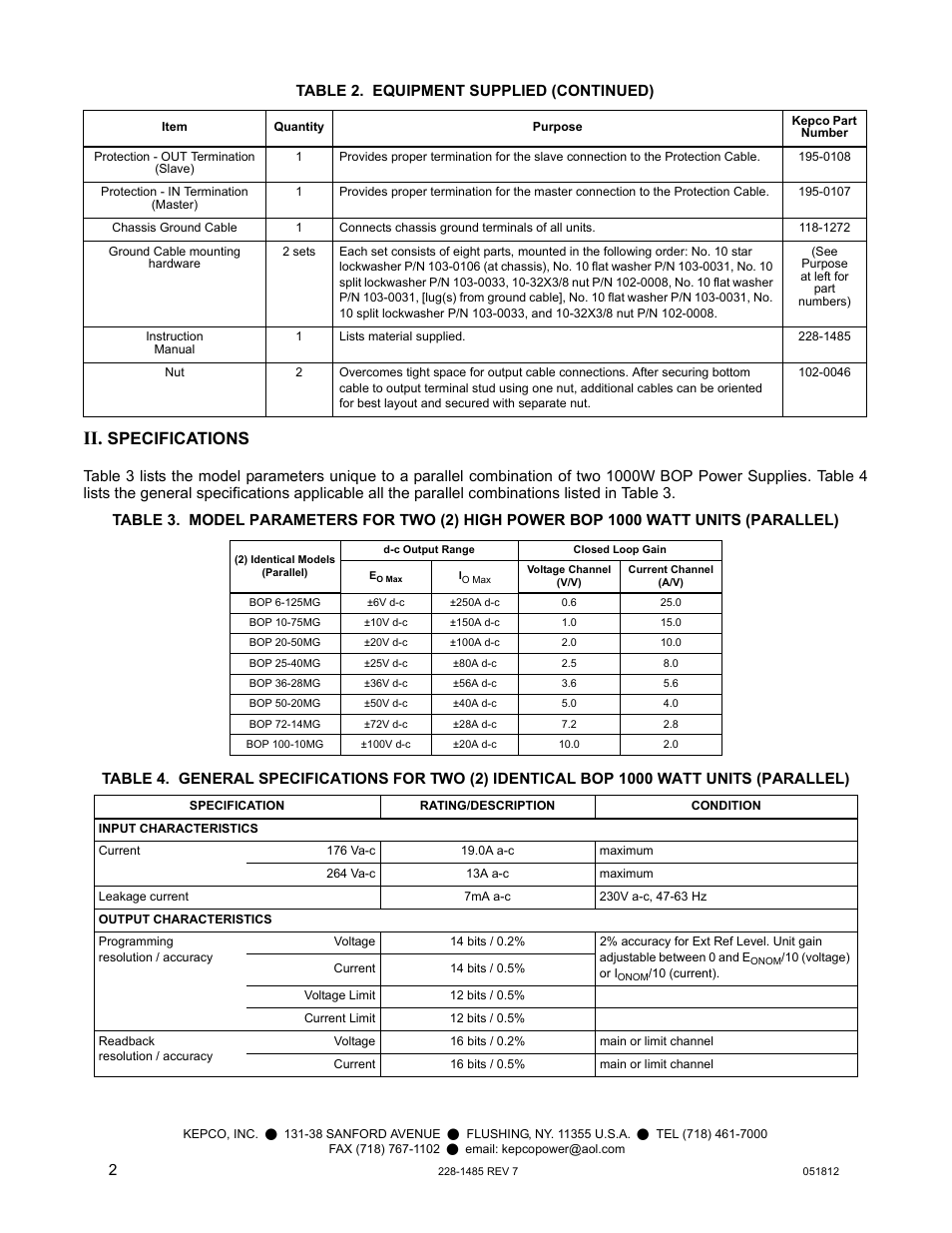 Ii. specifications, 3 list, 4 list | 3, re, Specifications, Table 2. equipment supplied (continued) | KEPCO KIT 219-0449, Kit for connecting twor 1000W BOPs User Manual | Page 2 / 2