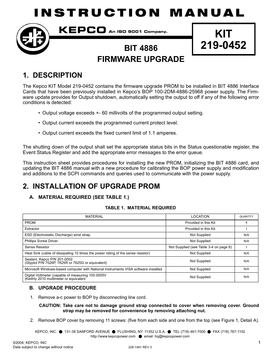 KEPCO KIT 219-0452, BIT 4886 Firmware Upgrade for BOP 100-1M-4886-25968 User Manual | 12 pages