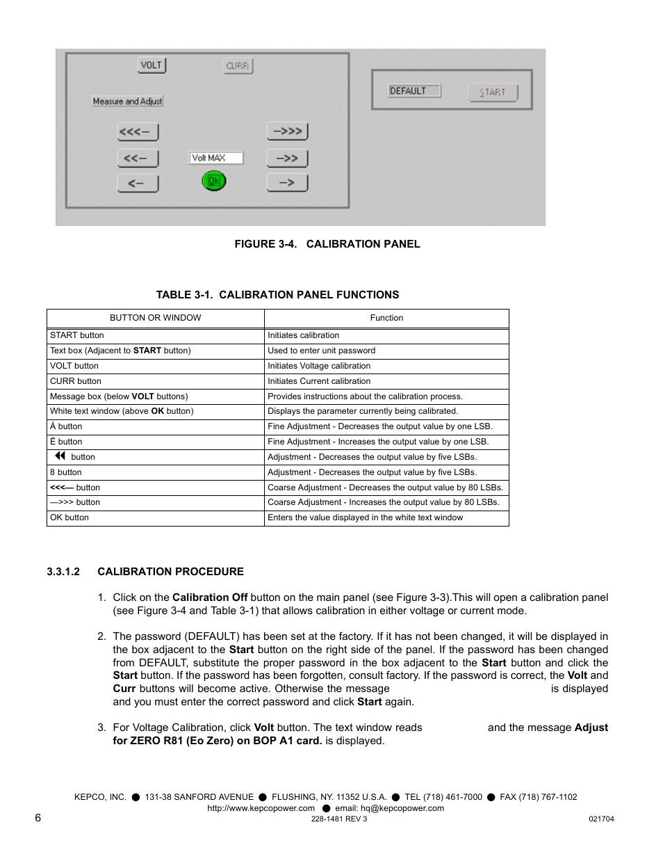 Figure 3-4. calibration panel, Table 3-1. calibration panel functions, 2 calibration procedure | KEPCO KIT 219-0452, BIT 4886 Firmware Upgrade for BOP 100-1M-4886-25968 User Manual | Page 6 / 12
