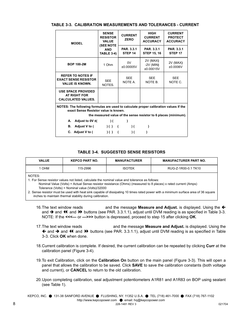 Table 3-4. suggested sense resistors, Ep 19, E 3-3 | KEPCO KIT 219-0452, BIT 4886 Firmware Upgrade for BOP 100-1M-4886-25968 User Manual | Page 8 / 12