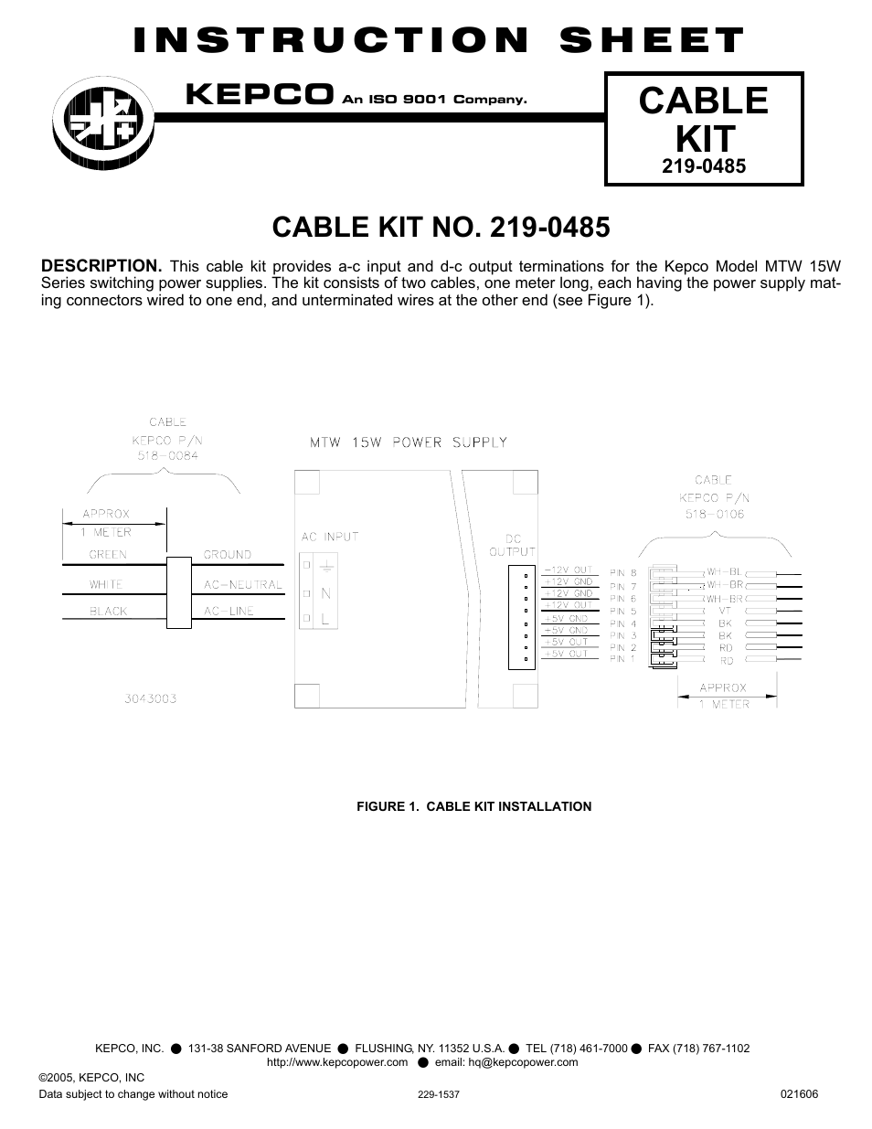 KEPCO KIT 219-0485, Cable Kit for MTW 15W Series User Manual | 1 page